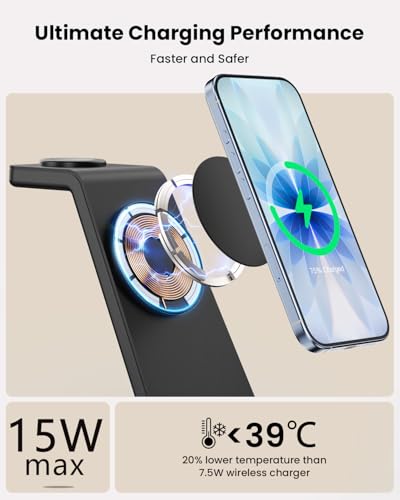 Magsafe Wireless Charging Station for iPhone: 3 in 1 15W Magnetic Portable Desktop Charging Station for iPhone17/16/15/14/13/12 Series, Apple Watch, AirPods 4/3/2/Pro - color: Matte Black