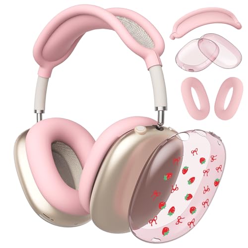 Pink Cherry Strawberry Clear Case for Airpods Max Headphones Cute Fruit Soft TPU Ear Cups Cover Anti-Scratch Silicone Ear Pad Protective Case Lovely Headband Cover for Apple Airpods Max - color: Bow strawberry 06