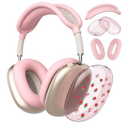 Pink Cherry Strawberry Clear Case for Airpods Max Headphones Cute Fruit Soft TPU Ear Cups Cover Anti-Scratch Silicone Ear Pad Protective Case Lovely Headband Cover for Apple Airpods Max - color: Bow strawberry 06