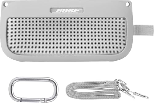 co2CREA Soft Silicone Case for Bose SoundLink Flex Bluetooth Speaker, White | Adjustable Shoulder Strap, Crossbody Carrying, Aluminum Carabiner, Lightweight - color: White Smoke Case