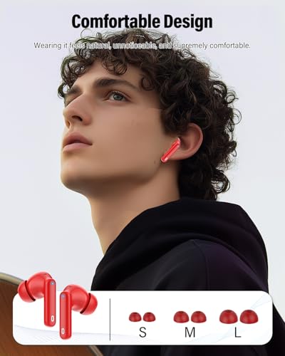 Wireless Earbuds, Bluetooth 5.4 Headphones Bass Stereo/Clear Calls, Red | Ear Buds with Noise Cancelling Mic LED Display in Ear Earphones IP7 Waterproof 36H Bluetooth Earbuds for Phones/Sport/Laptop - color: Red