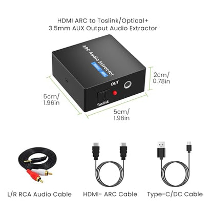 192KHz ARC Audio Extractor, HDMI ARC to Toslink/Optical+3.5mm AUX Output, HDMI to Optical Audio Adapter with 3.5mm RCA Cable, ARC to RCA Audio Converter for TV Amplifier Speaker/Soundbar/Headset