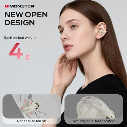 Monster Open Ear AC221 Headphones, Bluetooth 6.0 Wireless Earbuds Stereo Sound, Clip on Earbuds With 30H Playback, Clear Calls, Type-C Charging, Touch Control, IPX6 Waterproof Wireless Open Headphones