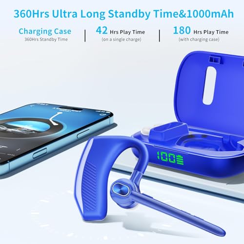 Bluetooth Headset Wireless Earpiece Single Ear Headset with Microphone | 180H Playtime 1000mAh Charging Case Wireless Charging LED Display Handsfree for iPhone Android PC Computer Trucker Drivers - color: Blue