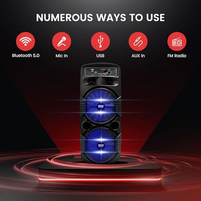 Portable Bluetooth PA Speaker System - 600W Rechargeable Outdoor Bluetooth Speaker Portable PA System w/Dual 8” Subwoofer 1” Tweeter, Microphone in, Party Lights, USB, Radio, Remote - Pyle PPHP2835B - color: Raven