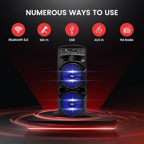 Pyle Portable Bluetooth PA Speaker System - 600W Rechargeable Outdoor Bluetooth Speaker Portable PA System w/ Dual 8” Subwoofer 1” Tweeter, Microphone In, Party Lights, USB, Radio, Remote - PPHP2835B - color: Ebony