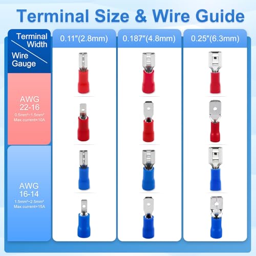 BAOMAIN 0.11" Female & Male Spade Terminals Kit 22-16 AWG 200-Pack - size: Male and Female