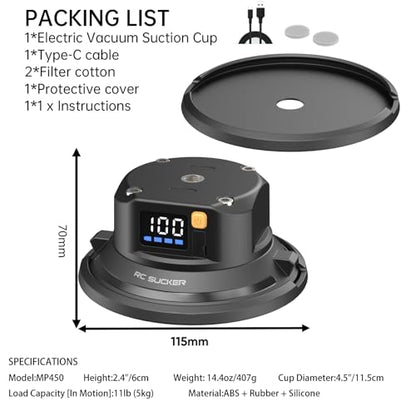 4.5" Electric Vacuum Suction Cup Camera Mount, 1/4" Thread ABS Heavy-Duty Car Mount for Action Camera, Phone & DSLR, Real-Time Leak Protection & 110LB Load for Car/Boot/Windshield - size: 4.5"