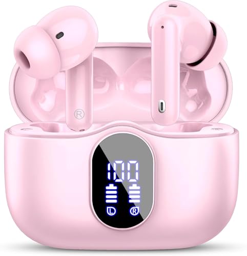 Btootos Wireless Earbuds Bluetooth 5.4 Headphones Bass Stereo Ear Buds with Noise Cancelling Mic LED Display in Ear Earphones IP7 Waterproof 36H Playtime for Laptop Pad Phones Sports Workout Pink | Ear Buds with Noise Cancelling Mic LED Display, 36H, IP7
