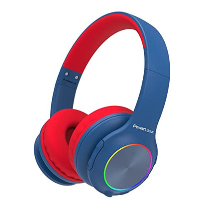 PowerLocus PLED Kids Bluetooth Headphones, Kids Wireless Headphones with LED Lights, 74/85/94dB Safe Volume, Micro SD, AUX Cable, Hi-Fi Stereo, Built-in Mic Over Ear Kid Headphone for Travel/Tablet/PC - color: Blue/Red