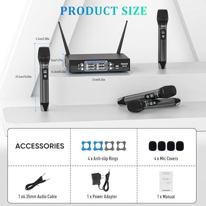 4 Channel Wireless Microphone System with Metal Receiver, 4 Handheld Mics, Independent Volume Control, 262ft Range, UHF Karaoke Mic Set for Home Party, Classroom, Church, Wedding, Events