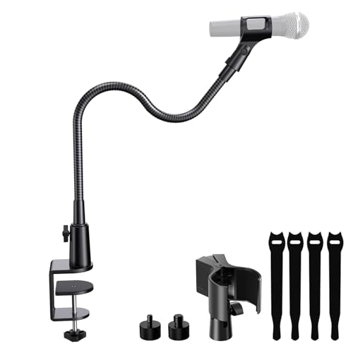 19" Flexible Gooseneck Mic Stand with Desk Clamp【Heavy Duty】, Dual Holder | Upgraded Desk Clamp, 2 Mic Holders, 1/4" and 3/8" Adapters, Ideal for Gaming, Live Streaming, Podcast, Conference, and Podium - size: Upgraded Heavy-Duty Clamp
