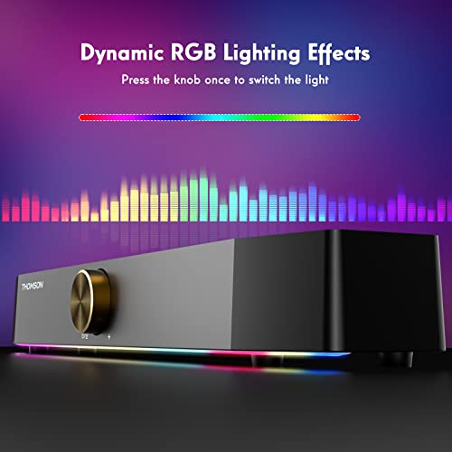 THOMSON Computer Speakers, Bluetooth Computer SoundBar, Dynamic RGB PC Speakers with 10W Stereo Sound, 3.5mm Aux-in Connection, USB Powered Computer Speakers for PC, Desktop Monitor, Laptop, Tablets