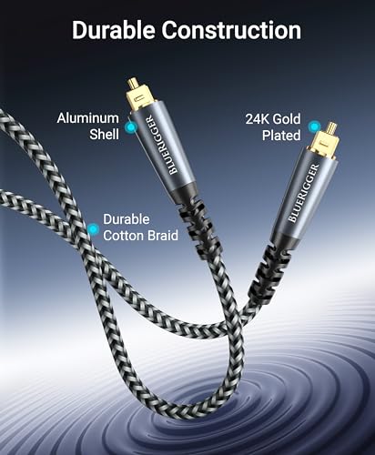 BlueRigger Digital Optical Audio Cable (6FT, Toslink Cable for Soundbar, Braided Fiber Optic, S/PDIF, Metal Shell) - Compatible with HomeTheatre, TV, Game Console (PS4, Xbox), DVR - size: 6FT, style: Braided Toslink