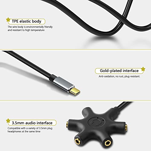 USB C to 3.5mm Audio Jack Aadpter Type-C to 3.5mm Multi Headphone Adaptador 5 Way 5-in-1 Aux TRS Audio Sharing Splitter Cable Compatible for Samsung Galaxy S22/S21/S20, MacBook Air/Pro