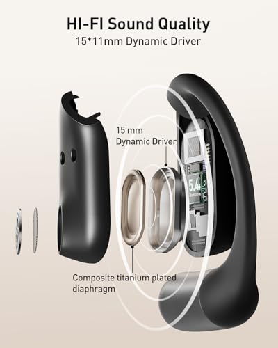 iWALK Open-Ear Headphones, True Wireless Headphones Bluetooth 5.4 Light Earbuds, Ultra Comfort Earhooks, 35H Playtimes, Clear Calls, Air Conduction Stereo Sound with 15mm Drivers for Workouts (Black) - color: Black