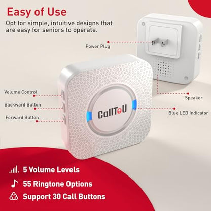 CallToU Wireless Caregiver Pager Call Button Call Bell Medical Alert System | Easy Setup, Whole-House Coverage, Peace of Mind, Waterproof Call Button for Elderly, Seniors, Patients and Home Caregivers - color: white 2+3