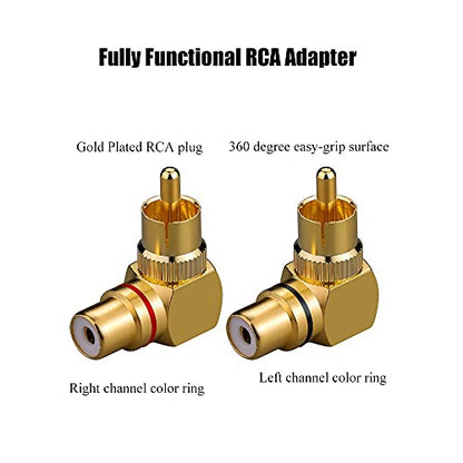 4 Pcs RCA 90 Degree Adapter Gold-Plated Right Angle RCA for Wall Mount TV | 90° Space-saver, Gold-plated resists corrosion, Heavy-duty with 360° grip ring, Fits DVD/TV/soundbar/AV, for wall TV & sub