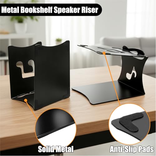 2 Pack Desktop Speaker Stands with Vibration Absorption Pads, Metal Bookshelf Speaker Riser Pair Support Up to 8 lbs Each, Desk Audio Stand, Studio Monitor Stand for Computer Speakers, Black