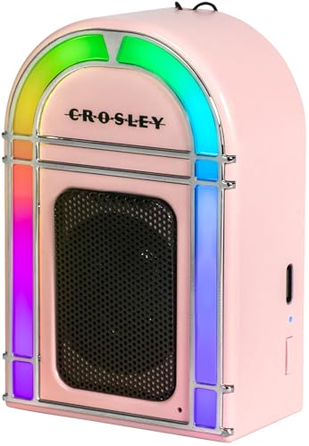 Crosley CR3046A-PI Mini Jukebox Portable Bluetooth Speaker, Pink | Bluetooth In, 5 Color-Changing Light Modes, LED Lights Sync with Music, Rechargeable Lithium-Ion Battery - color: Pink