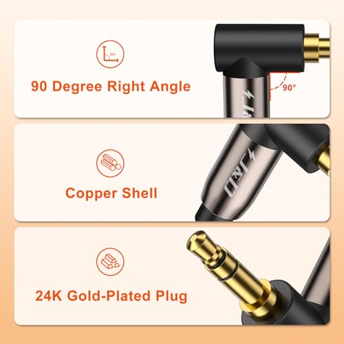 J&D 3.5mm Aux Cable 3ft (2 Pack), Gold Plated 3.5mm Male to Male Stereo Audio Aux Cable 90 Degree Right Angle Compatible for iPhone, Galaxy, Headphone, Car, Speakers and All Other Devices - size: 3 Feet