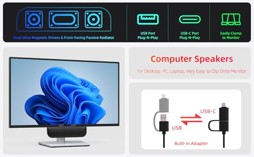 데스크탑 PC용 컴퓨터 스피커, 모니터 스피커, USB 플러그인, 유선, 노트북용 외장 스피커, PC용 소형 컴퓨터 사운드바, 큰 사운드, 딥 베이스, USB-C 어댑터, 모니터에 쉽게 클램프 - size: 8 Inch