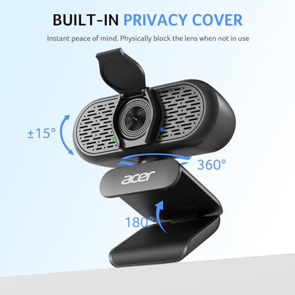 Acer A640 4K Webcam for PC with Sony Sensor PDAF Autofocus AI Noise Canceling Mic 2K 1080P/60fps USB A to C Adapter Computer Camera for Gaming Streaming Meetings Switch 2 Camera Teams Zoom Facetime - color: Deep Black