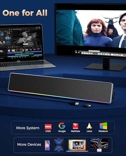 Kunodi Computer Speakers for Desktop PC, HiFi Stereo PC Speakers with Volume Knob, Colorful Lights, Plug & Play Wired USB/USB-C Powered for Desktop, Computer, Laptop
