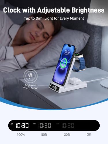3 in 1 Charging Station for Apple, Travel Wireless Charger with Clock | ELECDOV Magnetic Charger for iPhone, Foldable Watch Charger Stand for iPhone 17/Air/16/15 Series, iWatch 10/AirPods 4 (White) - color: white