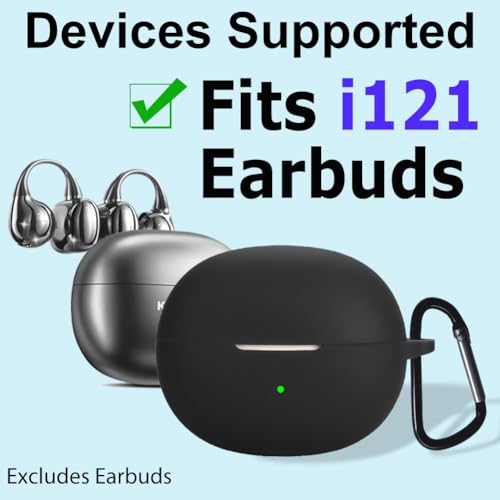 Silicone Protective Case for i121 Earbuds, Compatible with King Lucky Clip-On Open Ear Headphones, Full Cover Shockproof Anti-Scratch Case with Keychain Carabiner, Charging Port Access - color: Black