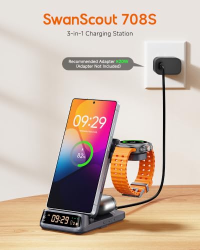 SwanScout 708S 3-in-1 Foldable Wireless Charger for Samsung Devices | Wireless Charging Station with Clock, for S26/S25/S24/S23/Z Flip8, for Galaxy Watch 8/7/FE/6/5/4, No Adapter - color: Tech Grey