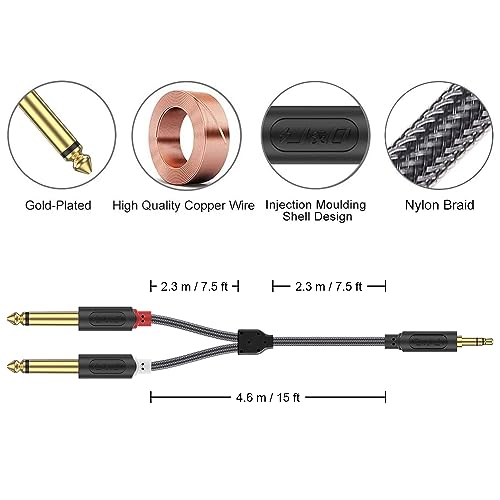 J&D 3.5mm TRS to Dual 6.35mm TS Breakout Cable, Gold Plated Audiowave Series 1/8 to Dual 1/4 Stereo Cable Splitter with Nylon Braid Compatible with PC, Computer Sound Card, Mixer, Speaker, 15 Feet - size: 15 Feet