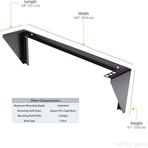 StarTech 2U Vertical Wall-Mount Rack Bracket, 19in, 125lb, TAA (RK219WALLV) | Open-frame L-shaped bracket for network, Server, Data and AV equipment, EIA-310, 56.7kg, W/hardware - size: 2U
