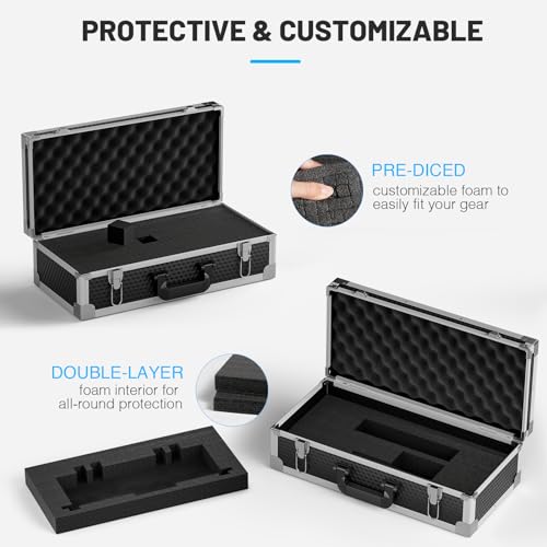 Phenyx Pro Carrying Case with Customizable Pre-Diced Foam Foam PCSE-L | Aluminum Alloy Sturdy Build, 2-layer Form, Protective Gear Storage, Wireless Mic Systems, Camera Gear, Equipment Transport - size: Large (20.3×10×5.9 Inch)