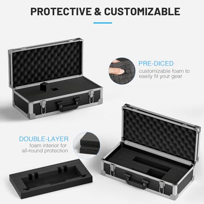 Phenyx Pro Carrying Case with Customizable Pre-Diced Foam Foam PCSE-L | Aluminum Alloy Sturdy Build, 2-layer Form, Protective Gear Storage, Wireless Mic Systems, Camera Gear, Equipment Transport - size: Large (20.3×10×5.9 Inch)