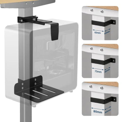 Under Desk PC Mount for Standing Desk, Clamp-On CPU Holder, 50lbs Capacity | Clamp-on for 65-80mm legs. Holds 50lbs, open frame cooling. No-drill, 15-min install. Fits mid-tower PCs.