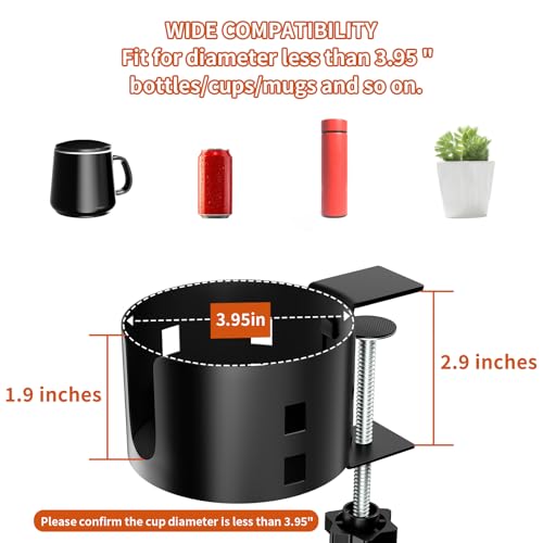 Upgraded Large Desk Cup Holder Clamp, OOKUU Anti-Spill Table Cup Holder, Metal Office & PC Gaming Desk Accessories, Compatible with Universal Cup, Bottles, Pencil Holder (Black) - color: Black, size: 3.95 inch