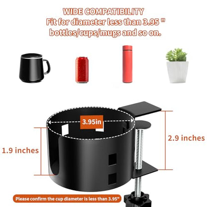 Upgraded Large Desk Cup Holder Clamp, OOKUU Anti-Spill Table Cup Holder, Metal Office & PC Gaming Desk Accessories, Compatible with Universal Cup, Bottles, Pencil Holder (Black) - color: Black, size: 3.95 inch