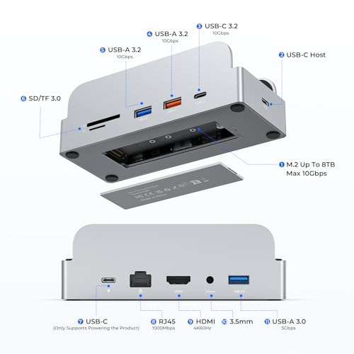 MiniDock Mac mini M4 Dock and Stand, 11-in-1 USB-C Hub with 8TB M.2 NVMe SSD Enclosure, Smart Display, 4K@60Hz HDMI, Gigabit Ethernet, SD/TF, 3.5mm Audio, PD Charging, for Mac mini/Pro/Air/Windows - color: Gray