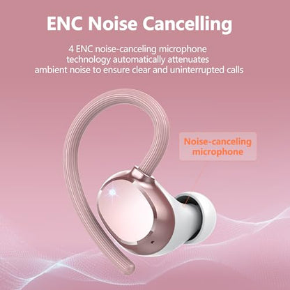 Ear buds Wireless Bluetooth Earbuds Sport 2026 NEW Bluetooth 5.3 Headphones with LED Display 128H Playtime Powerful Bass Over Ear Earphones with Earhooks IP7 Waterproof for Gym/Running/Workout - color: Rosegold