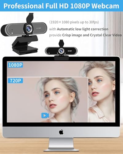 1080P Full HD Webcam with Microphone, 110° Wide Angle, Autofocus, USB Plug and Play, for Video Conferencing, Streaming, with Tripod