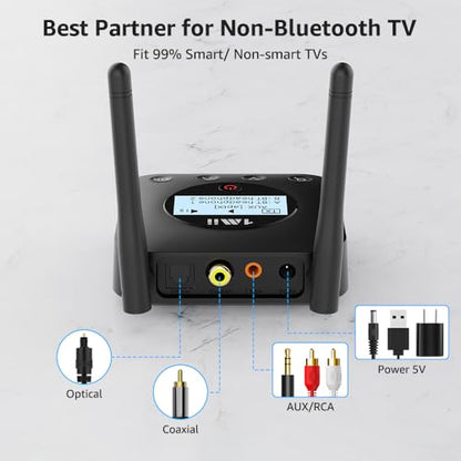 1Mii B06TX+ Long Range Bluetooth 5.3 Transmitter for TV/PC/Projector to 2 Wireless Headphones/Speakers, Bluetooth Adapter for TV w/Screen Display, Plug n Play, aptX Low Latency & Adaptive & HD Audio - color: black