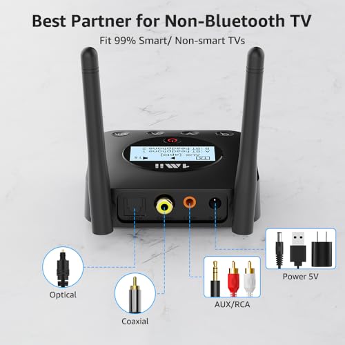 1Mii B06TX+ Bluetooth 5.3 Transmitter for TV to 2 Wireless Headphones | Bluetooth Audio Adapter with Screen, Volume Control, aptX Adaptive/Low Latency/HD, Optical/Coaxial/3.5mm AUX/RCA Inputs - color: black