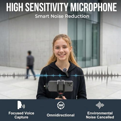 JHO Mini Microphone for iPhone & Android,16H Battery, Noise Cancelling Lavalier Microphone, Clip On Lapel Mic Pro for Content Creators Vlogging/YouTube/Tiktok/Streaming/Interview/Video Recording