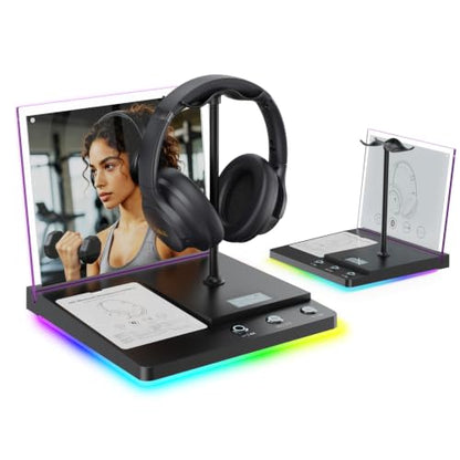 1Mii DemoStation B3+ Bluetooth Audio Demo Stand for Dual Headphones Display | Headset stand for Gaming, Retail Store and Trade Show, RGB Lighting Acrylic Desk Holder with USB-C Charging/Optical/3.5mm AUX