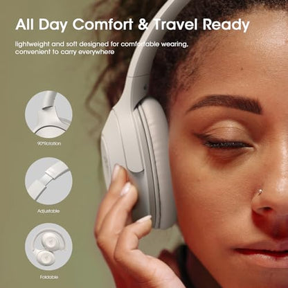 DOQAUS Bluetooth Headphones Over Ear, 70H Playtime,3 EQ Modes, with ENC Mic | HiFi Stereo Sound, Deep Bass, Soft Memory Foam Earpad, BT5.4, Headphone Wireless for Phone PC Travel Home Office, Light Grey - color: Light Gray