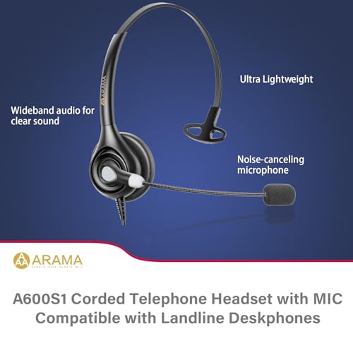 Arama Phone Headset for Office Phones for Polycom & Other IP Phones(A600S1) | Noise-canceling Mic, Metal Headband, Lightweight Design, Plug-and-play, Hands-Free, Call Center, Telemarketing, Office