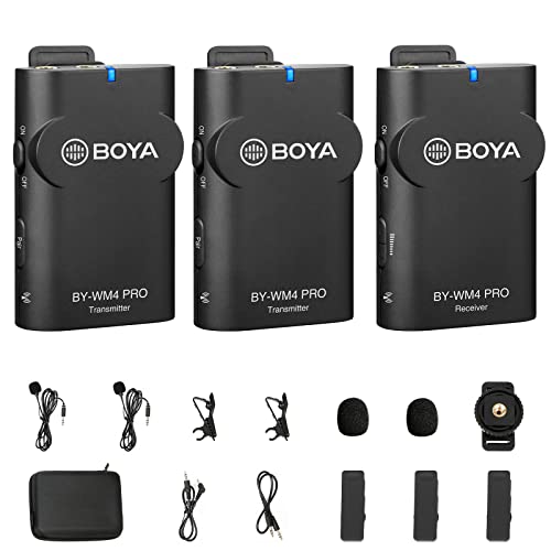 BOYA 2.4GHz Wireless Lavalier Microphone System WM4 PRO K2 Mini Lapel Clip on Mic for Smartphone Canon Nikon Sony DSLR Camera iOS for vlog Live Streaming Interview Commentary Record Dual TXS & One RX - size: BY-WM4 PRO K2