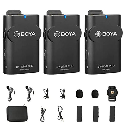 BOYA 2.4GHz Wireless Lavalier Microphone System WM4 PRO K2 Mini Lapel Clip on Mic for Smartphone Canon Nikon Sony DSLR Camera iOS for vlog Live Streaming Interview Commentary Record Dual TXS & One RX - size: BY-WM4 PRO K2