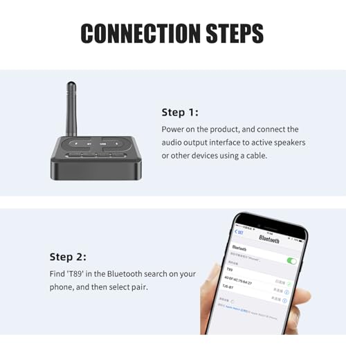 T89 Bluetooth Receiver for Home Stereo, RCA & 3.5mm AUX Out Put, USB Wireless Audio Adapter for Stereo Receiver&Amplifier, Low Latency HiFi Music Streaming